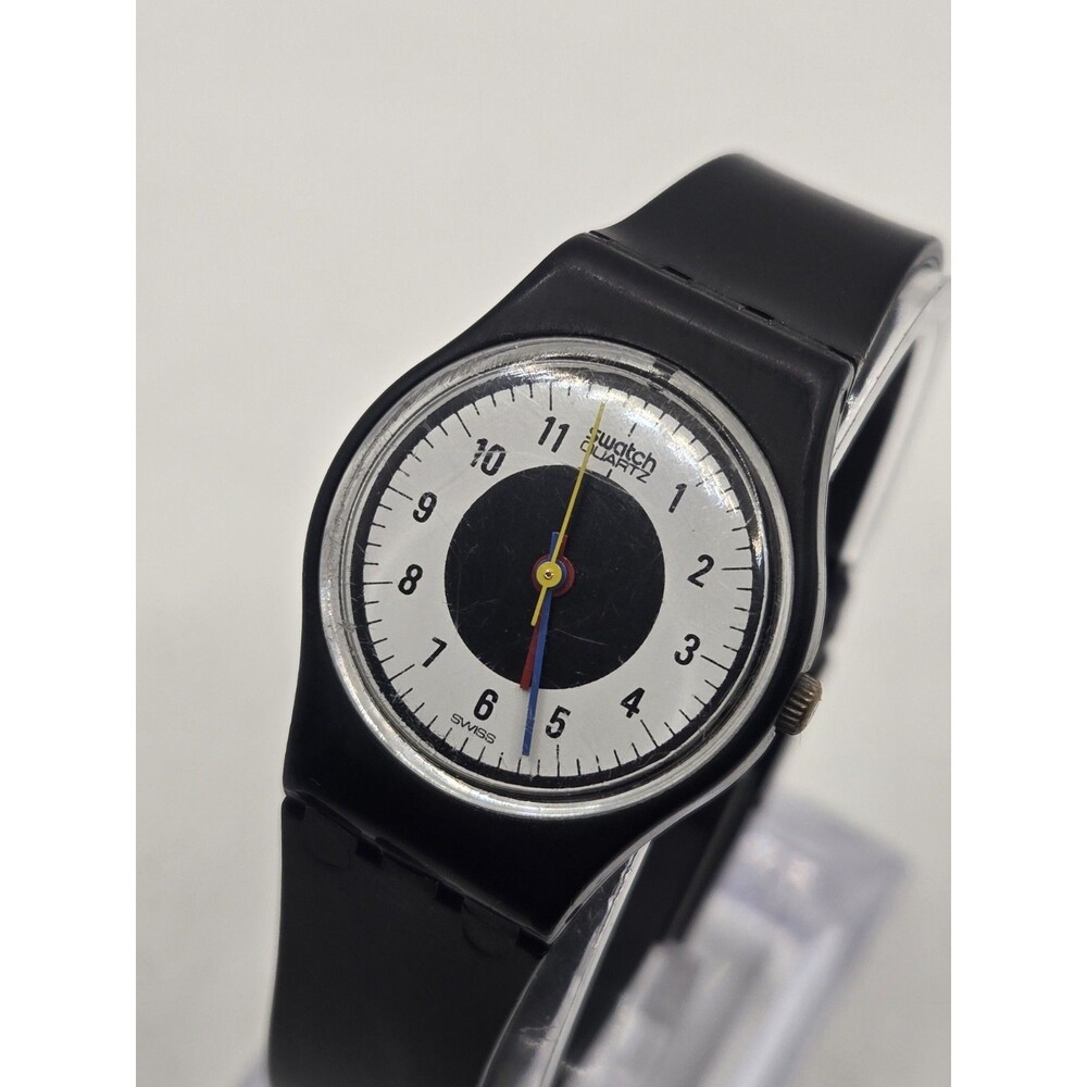 Swatch Chrono Tech Watch - LB104 1984 Black Case/Band White Dial. 25mm. New Batt